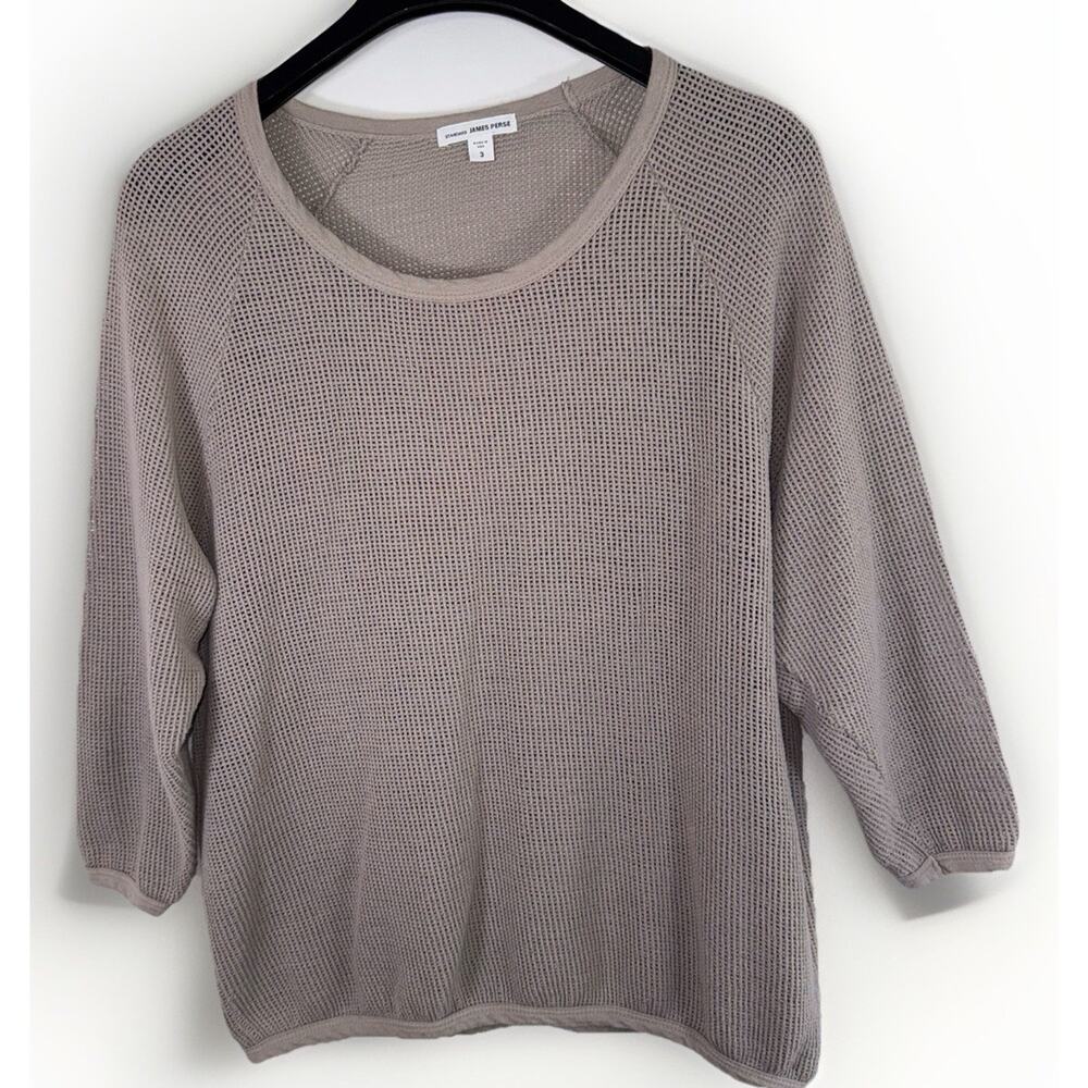 James Perse Standard Tan Mesh Knit 3/4 Sleeve Lightweight Quiet Luxury Top Sz 3